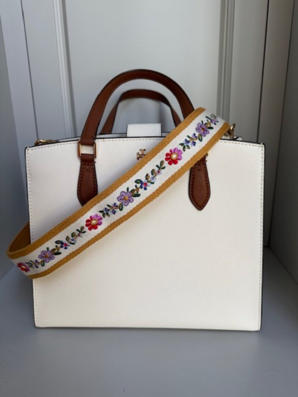 Tory Burch Cream Leather Satchel with Brown Handles and Yellow Floral Strap